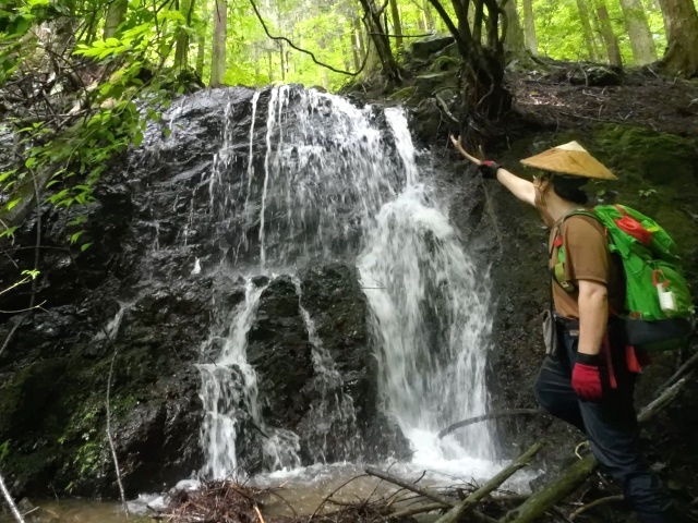 本流へ続く滝。拾った鹿の角でルートを確認
