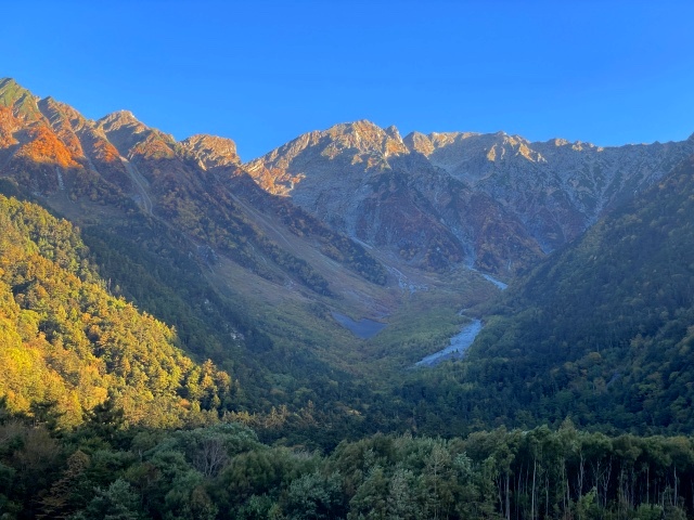早朝の小梨平から穂高を望む